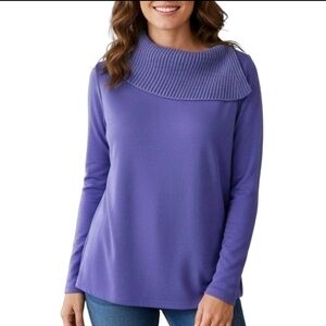 Chicos Sweater Size 2 L 12 Blue Split Envelope Neckline Lightweight Long Sleeve